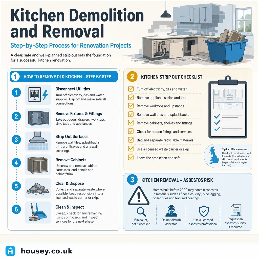Infographic illustrating: Kitchen Demolition and Removal: Step-by-Step Process for Renovation Projects