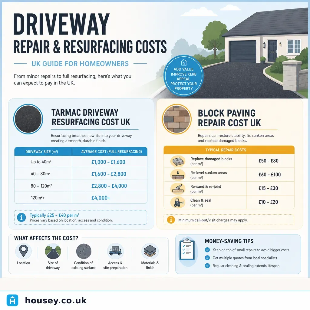 Infographic illustrating: Driveway Repair and Resurfacing Costs