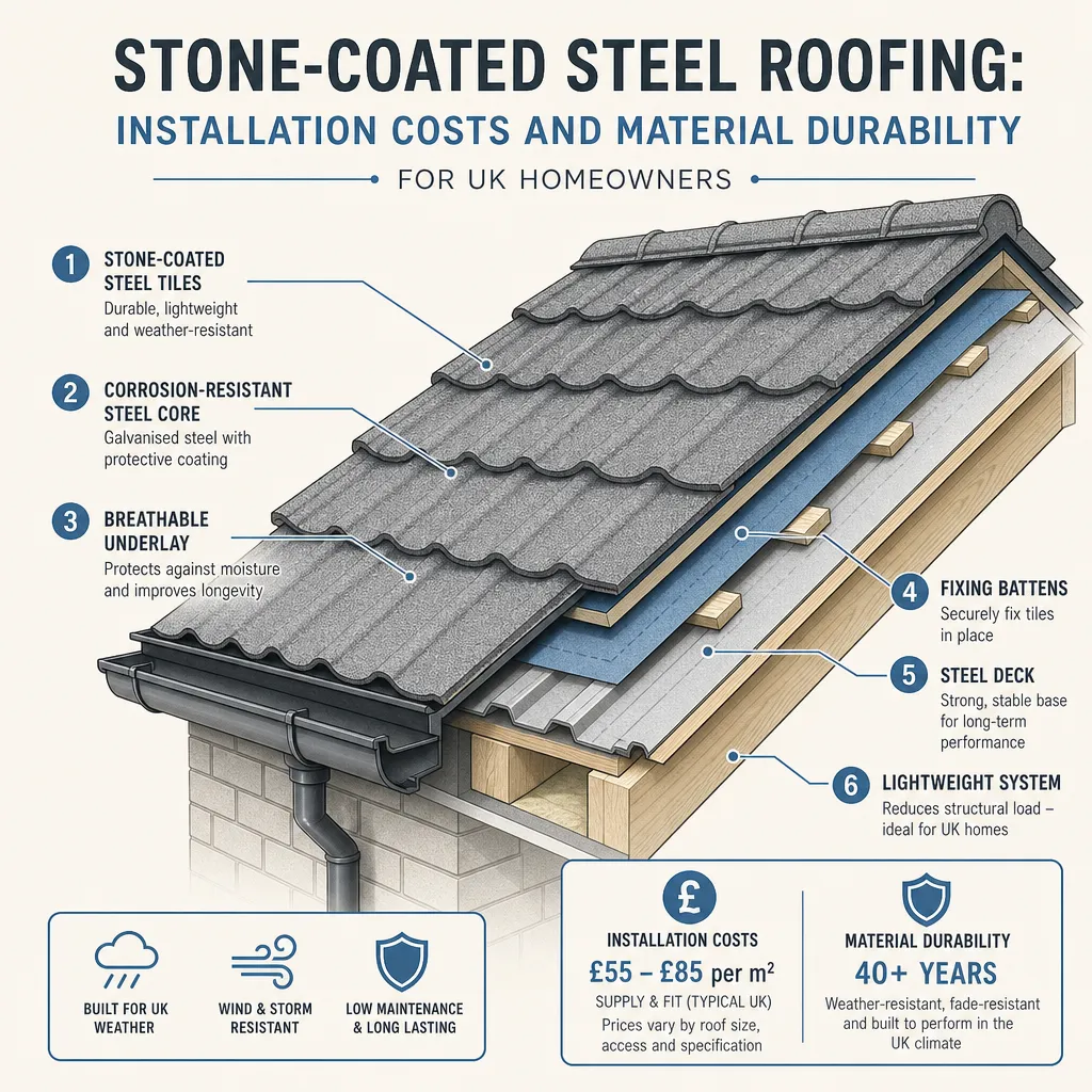 Diagram illustrating: Stone-Coated Steel Roofing: Installation Costs and Material Durability