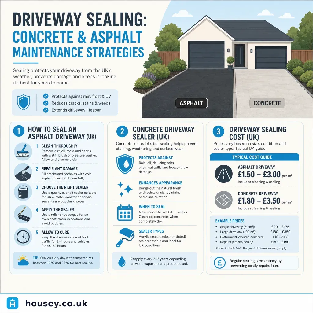 Infographic illustrating: Driveway Sealing: Concrete and Asphalt Maintenance Strategies