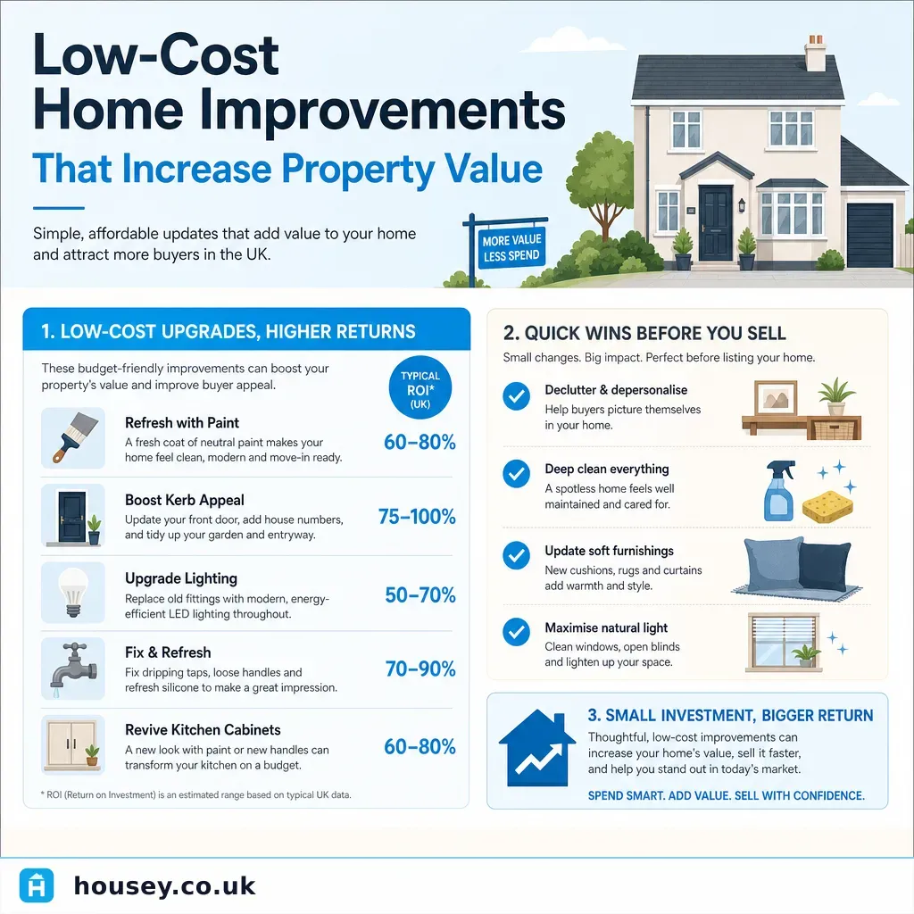 Infographic illustrating: Low-Cost Home Improvements That Increase Property Value