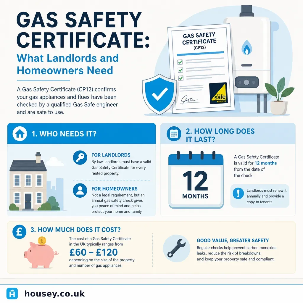 Infographic illustrating: Gas Safety Certificate: What Landlords and Homeowners Need