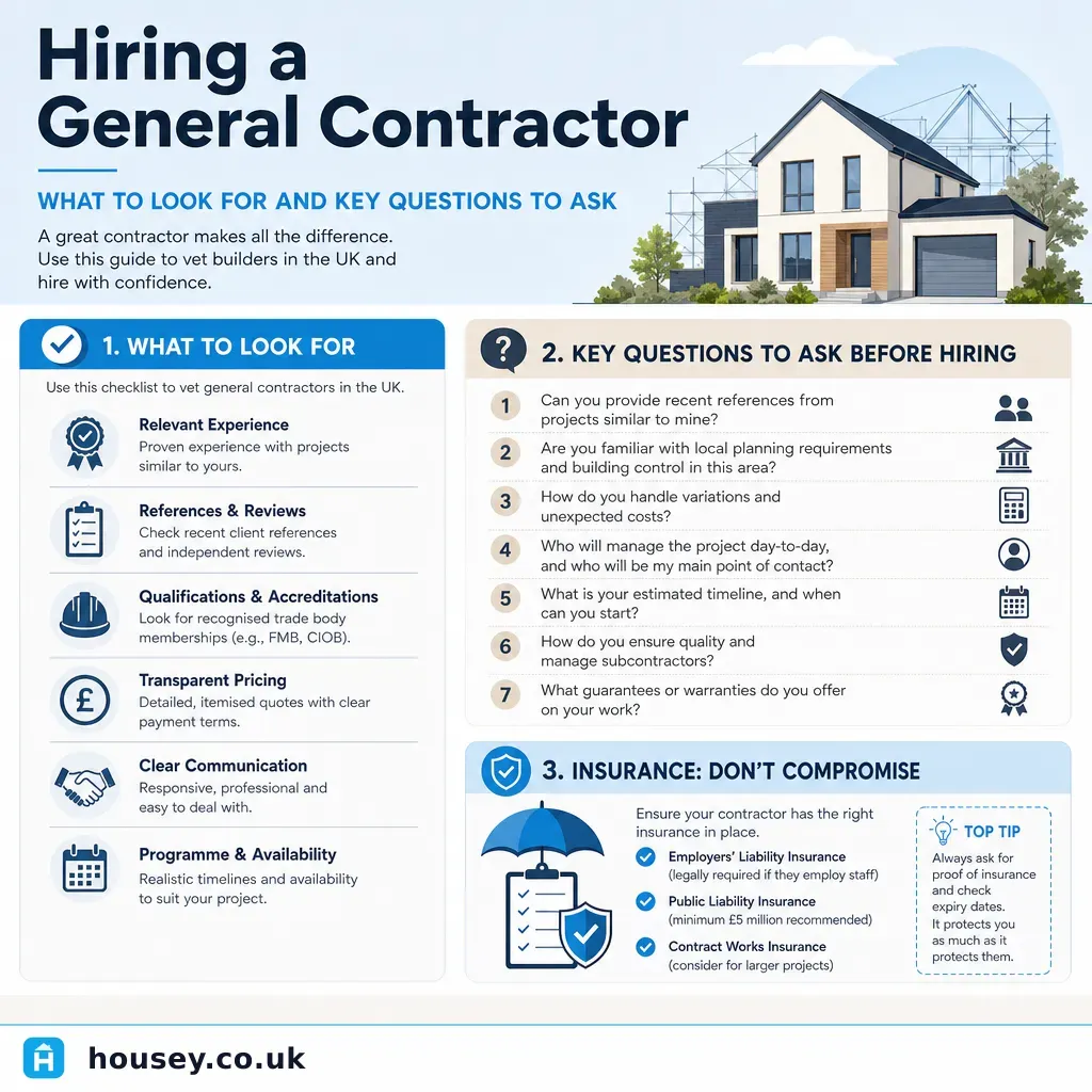 Infographic illustrating: Hiring a General Contractor: What to Look For and Key Questions to Ask