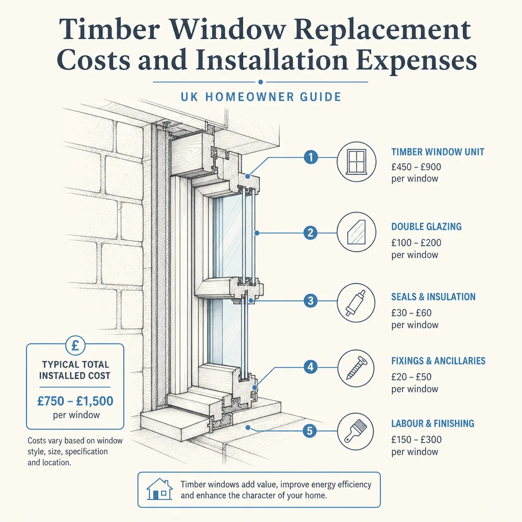 Diagram illustrating: Timber Window Replacement Costs and Installation Expenses