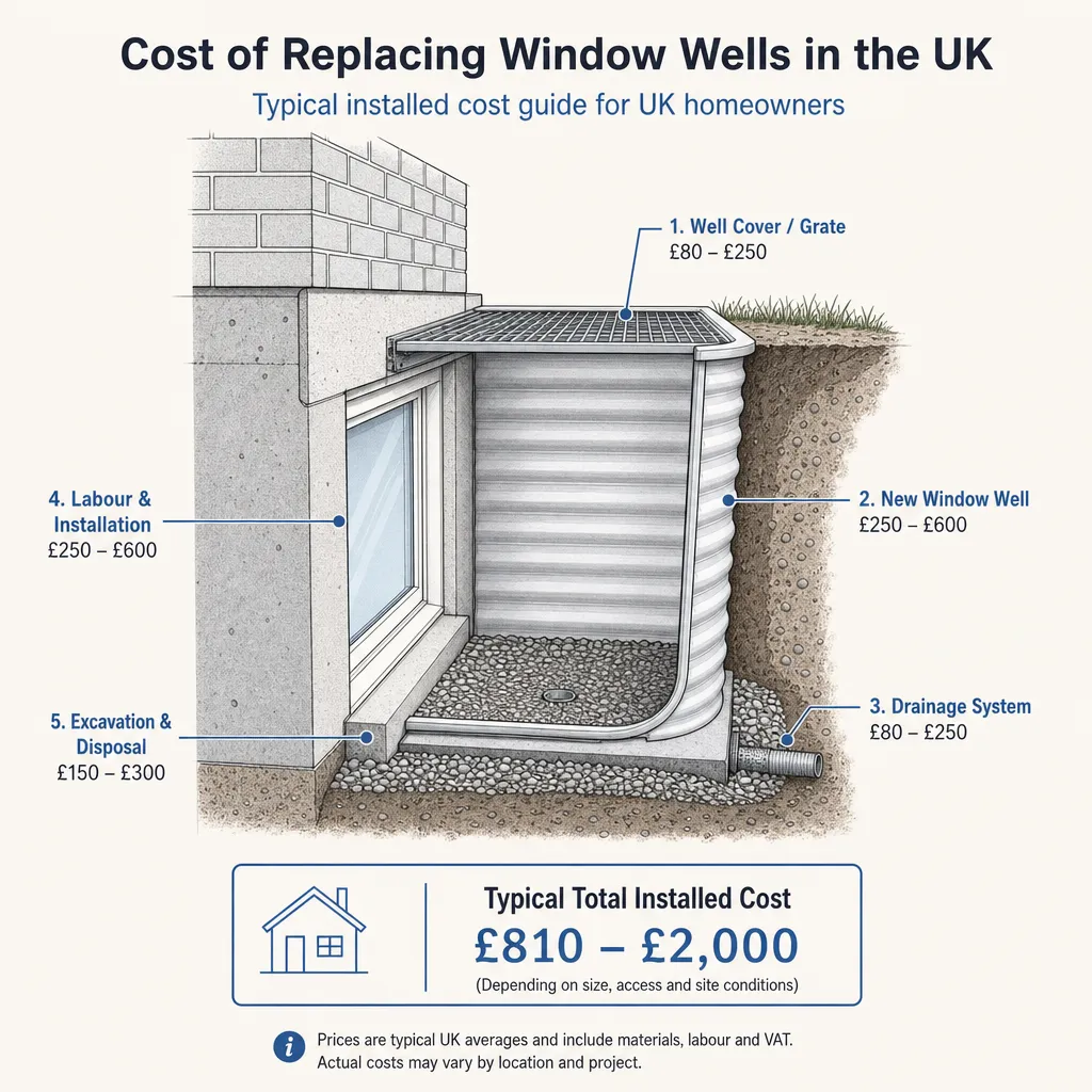 Diagram illustrating: Cost of replacing window wells in the UK