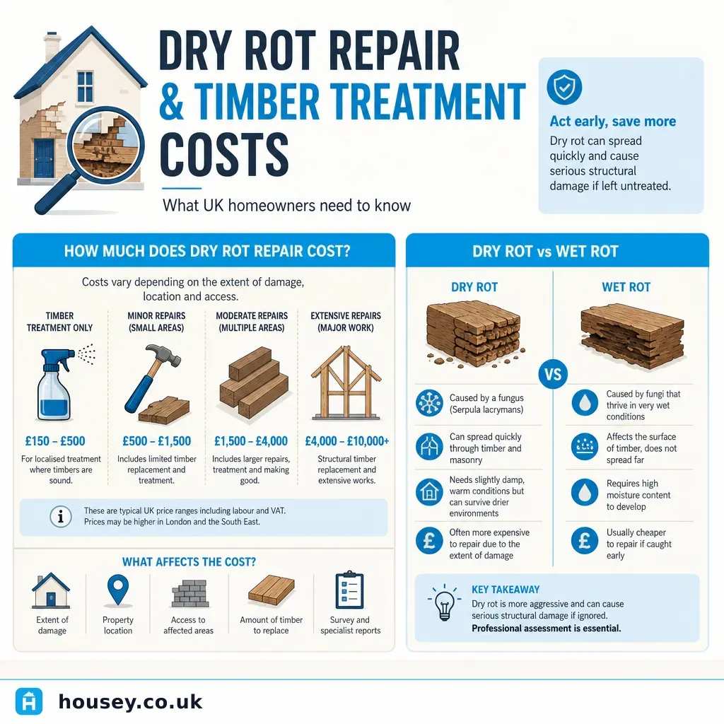 Infographic illustrating: Dry Rot Repair and Timber Treatment Costs