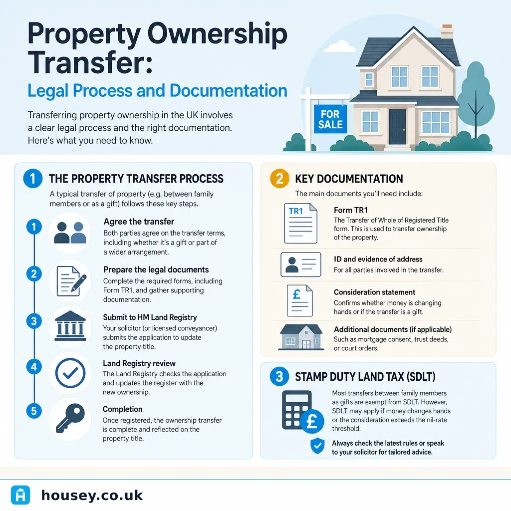 Infographic illustrating: Property Ownership Transfer: Legal Process and Documentation