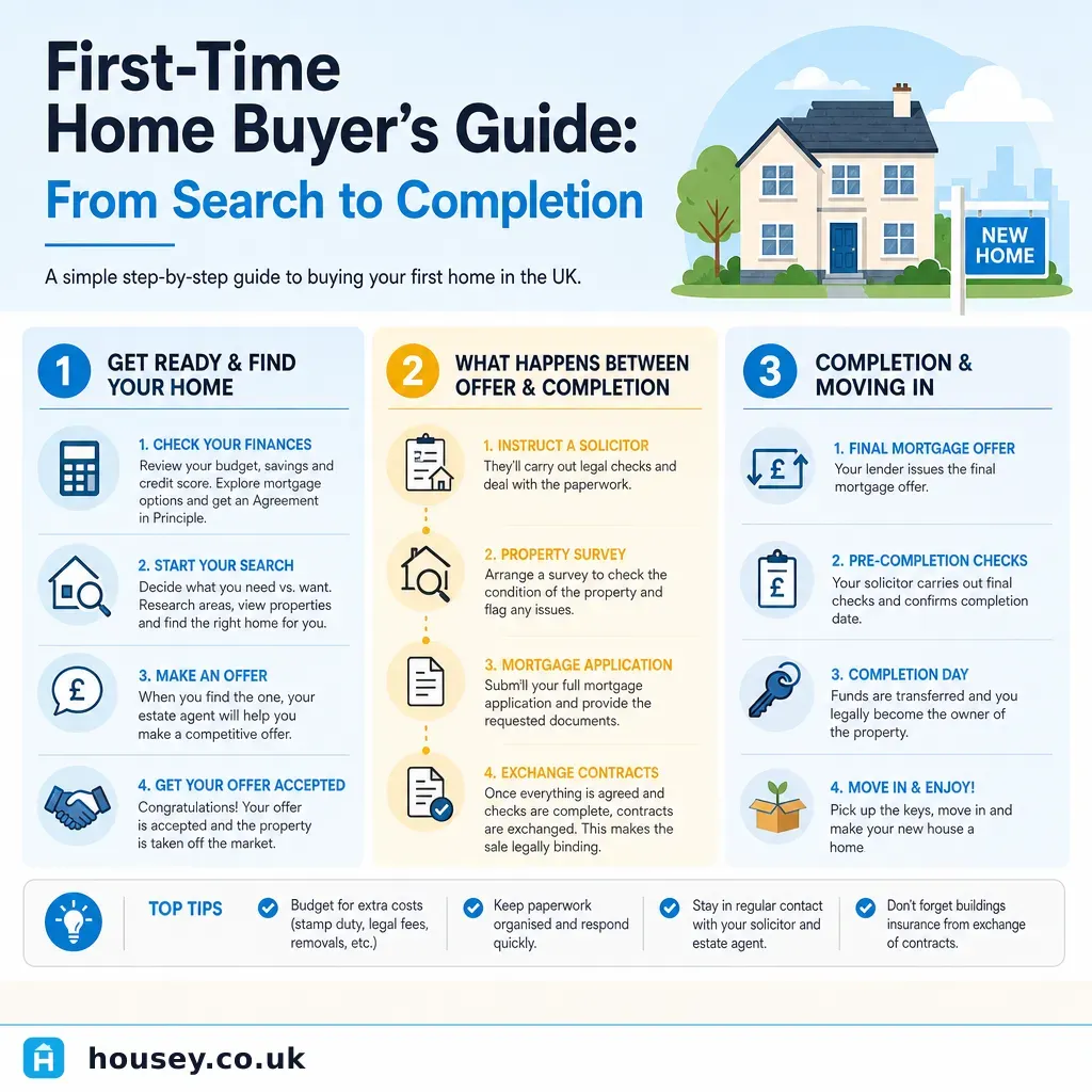 Infographic illustrating: First-Time Home Buyer's Guide: From Search to Completion