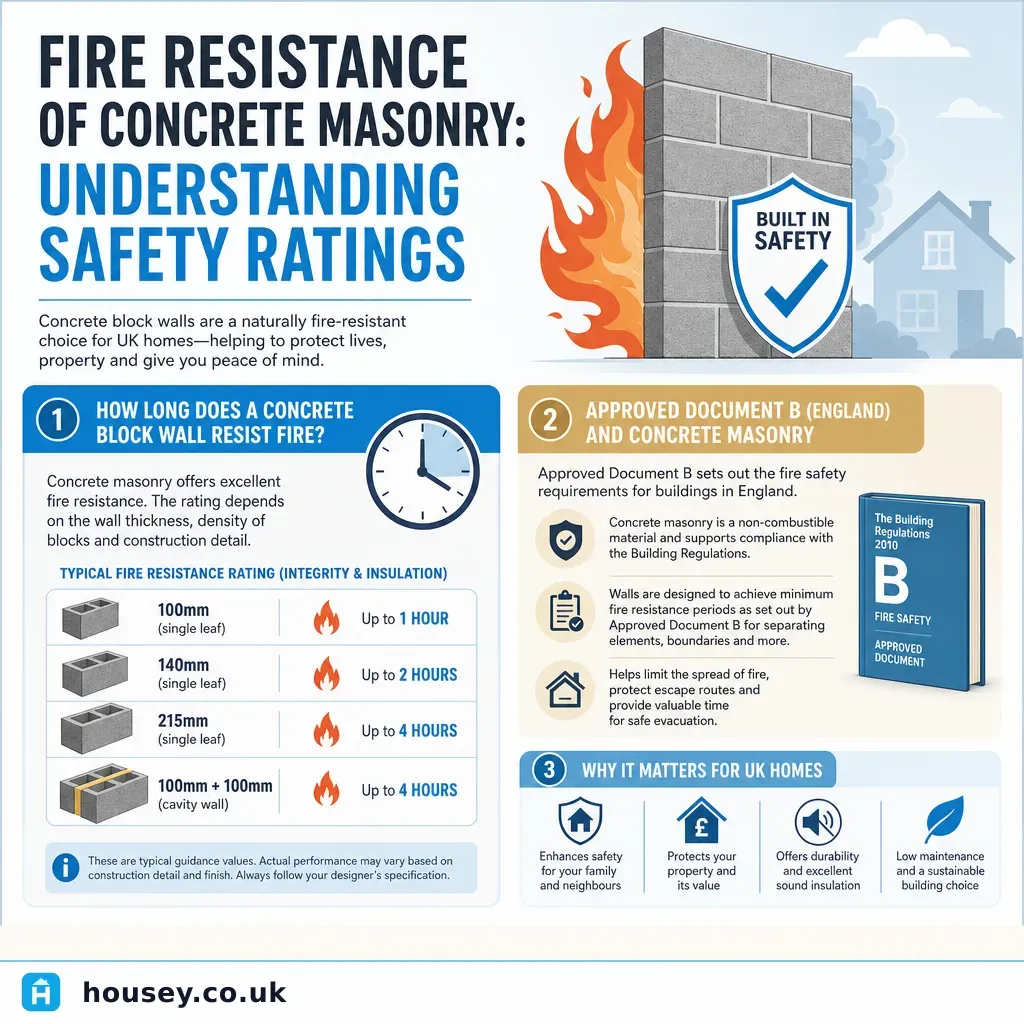 Infographic illustrating: Fire Resistance of Concrete Masonry: Understanding Safety Ratings