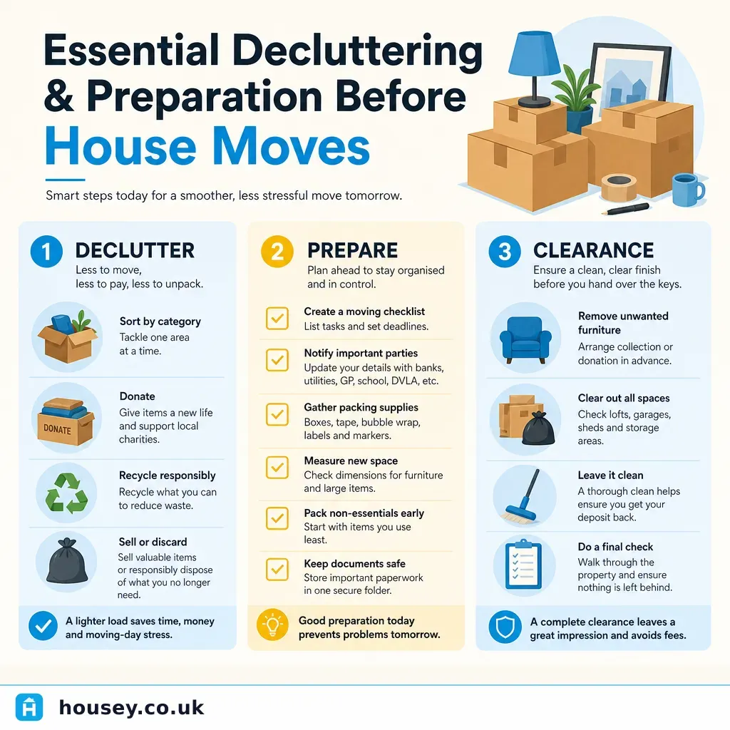 Infographic illustrating: Essential decluttering and preparation before house moves