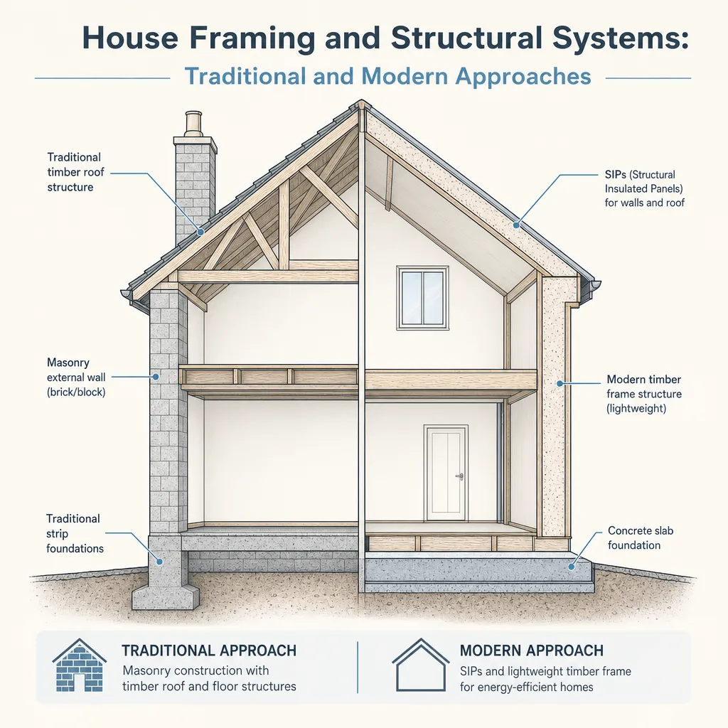 Diagram illustrating: House Framing and Structural Systems: Traditional and Modern Approaches