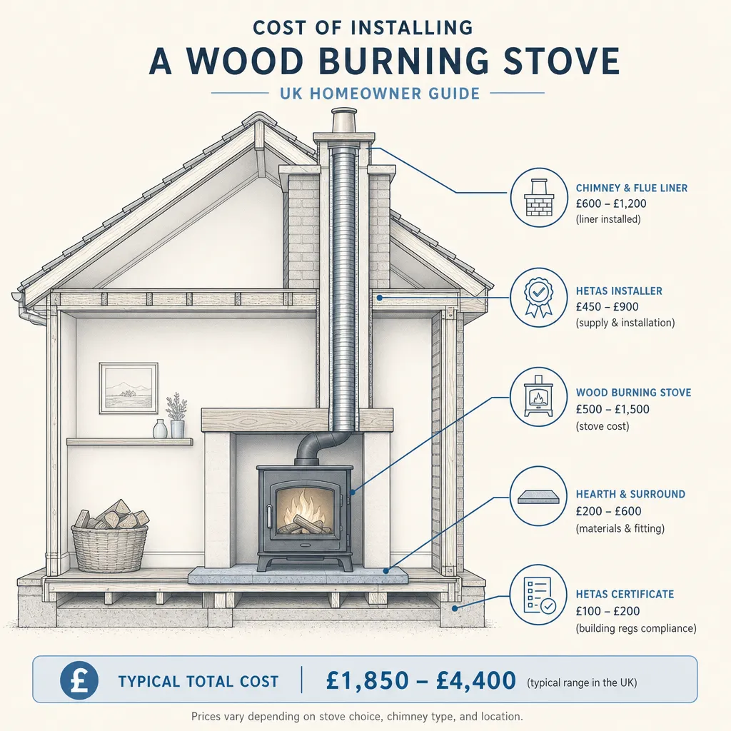 Diagram illustrating: Cost of installing a wood burning stove