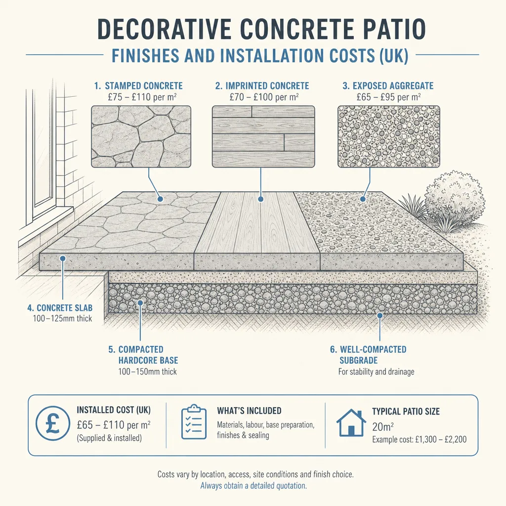 Diagram illustrating: Decorative concrete patio finishes and installation costs