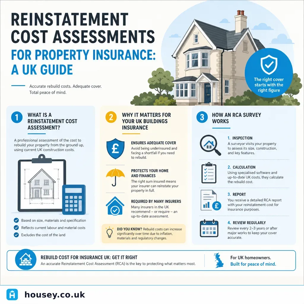 Infographic illustrating: Reinstatement Cost Assessments for Property Insurance: A UK Guide