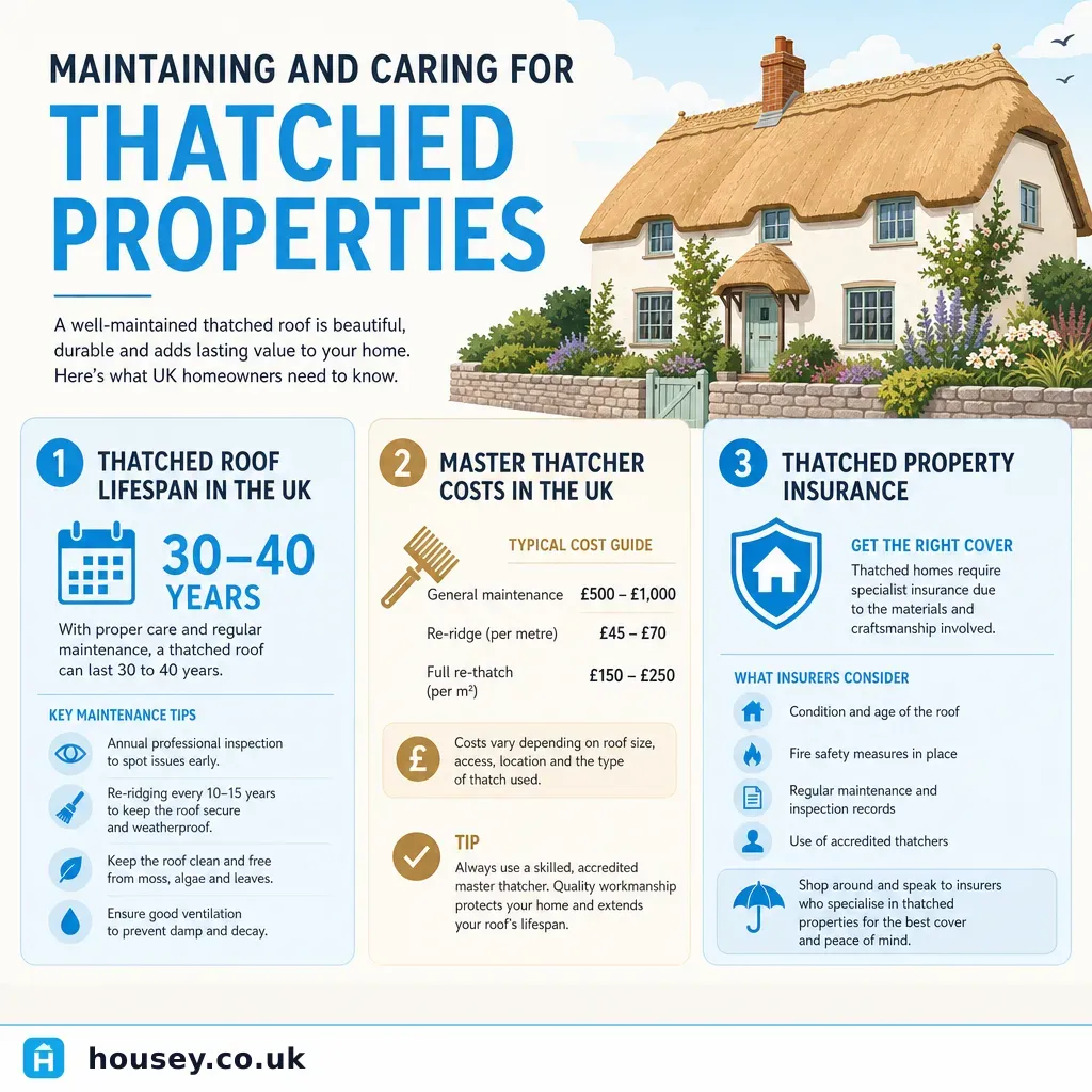 Infographic illustrating: Maintaining And Caring For Thatched Properties