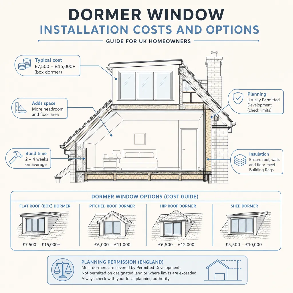 Diagram illustrating: Dormer Window Installation Costs and Options