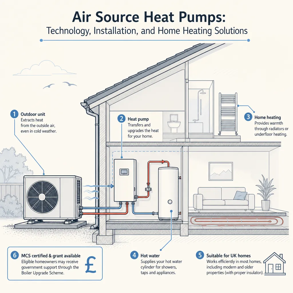 Diagram illustrating: Air Source Heat Pumps: Technology, Installation, and Home Heating Solutions