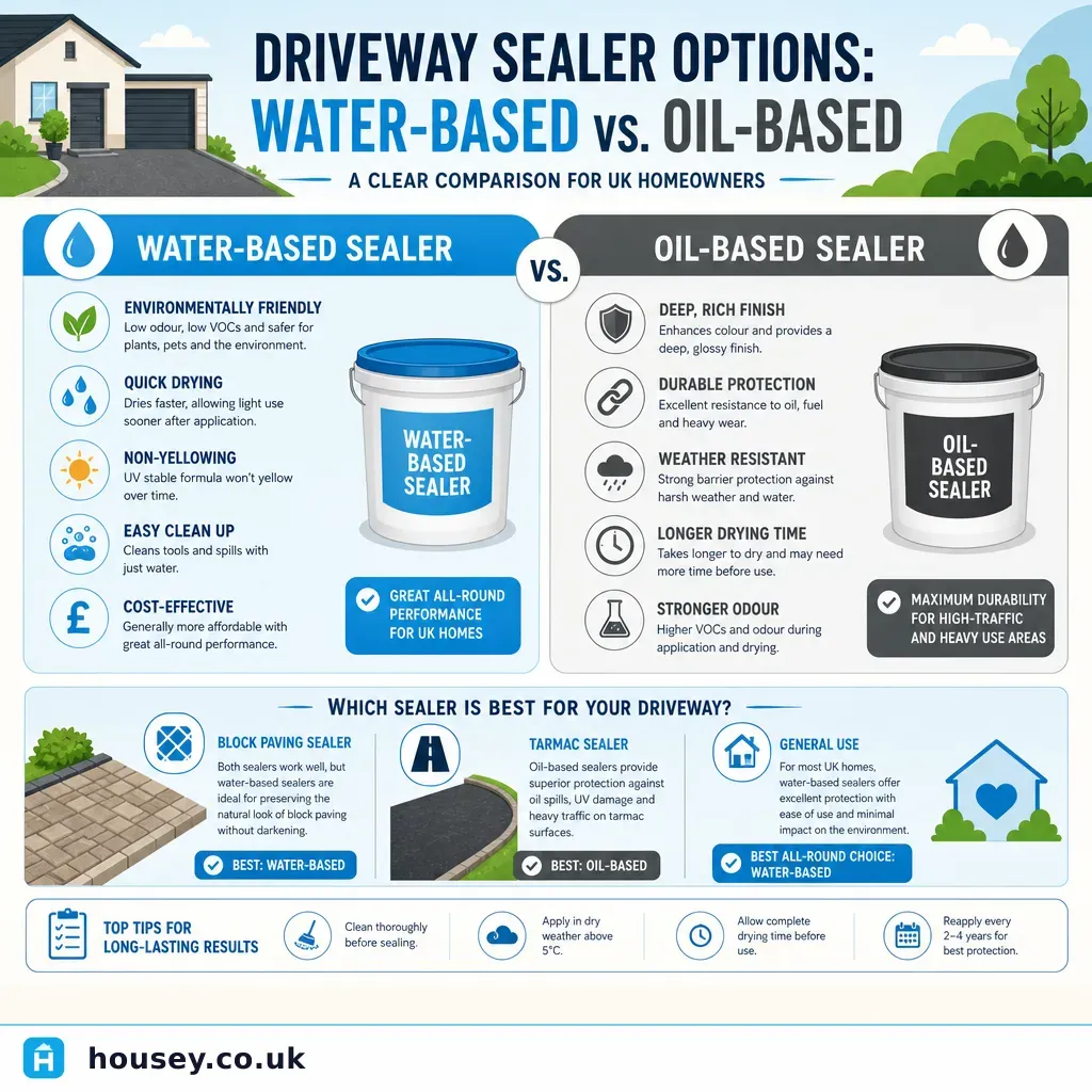 Infographic illustrating: Driveway Sealer Options: Water-Based vs Oil-Based Comparison