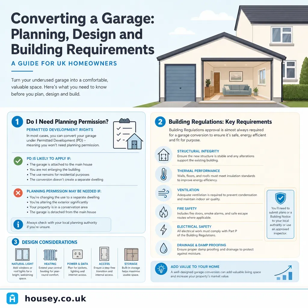 Infographic illustrating: Converting a Garage: Planning, Design and Building Requirements