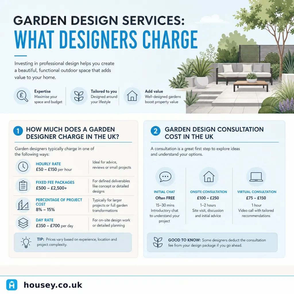 Infographic illustrating: Garden Design Services: What Designers Charge