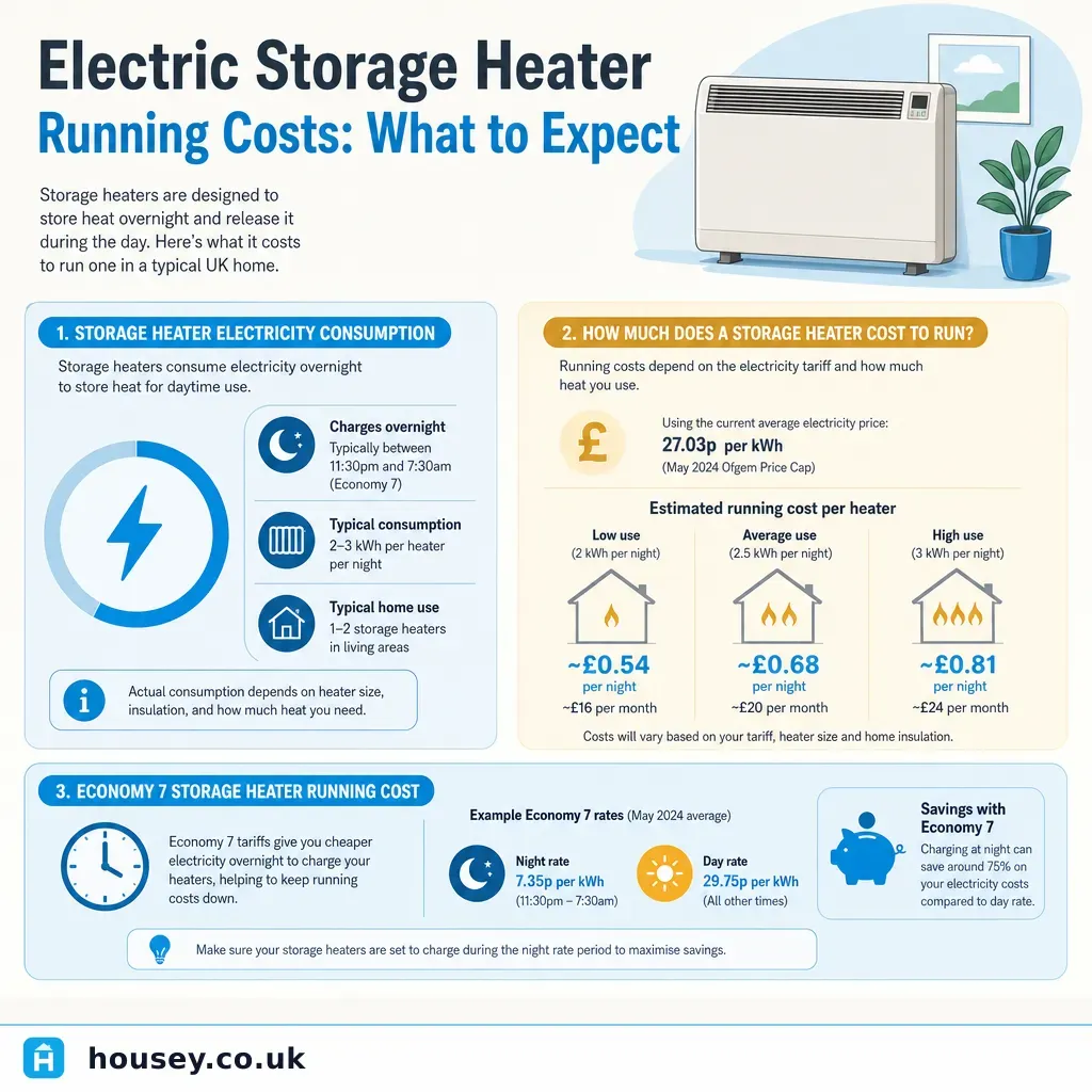 Infographic illustrating: Electric Storage Heater Running Costs: What to Expect