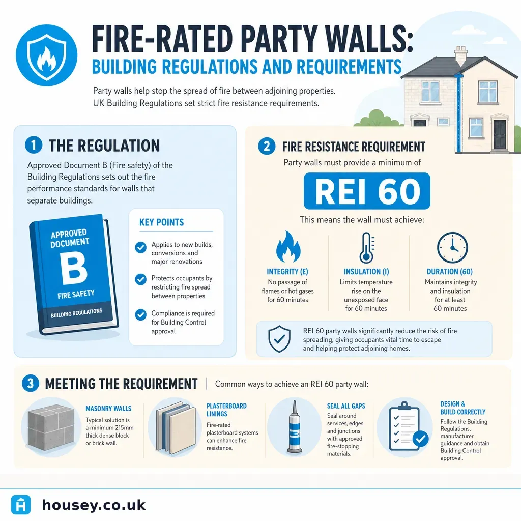 Infographic illustrating: Fire-Rated Party Walls: Building Regulations and Requirements