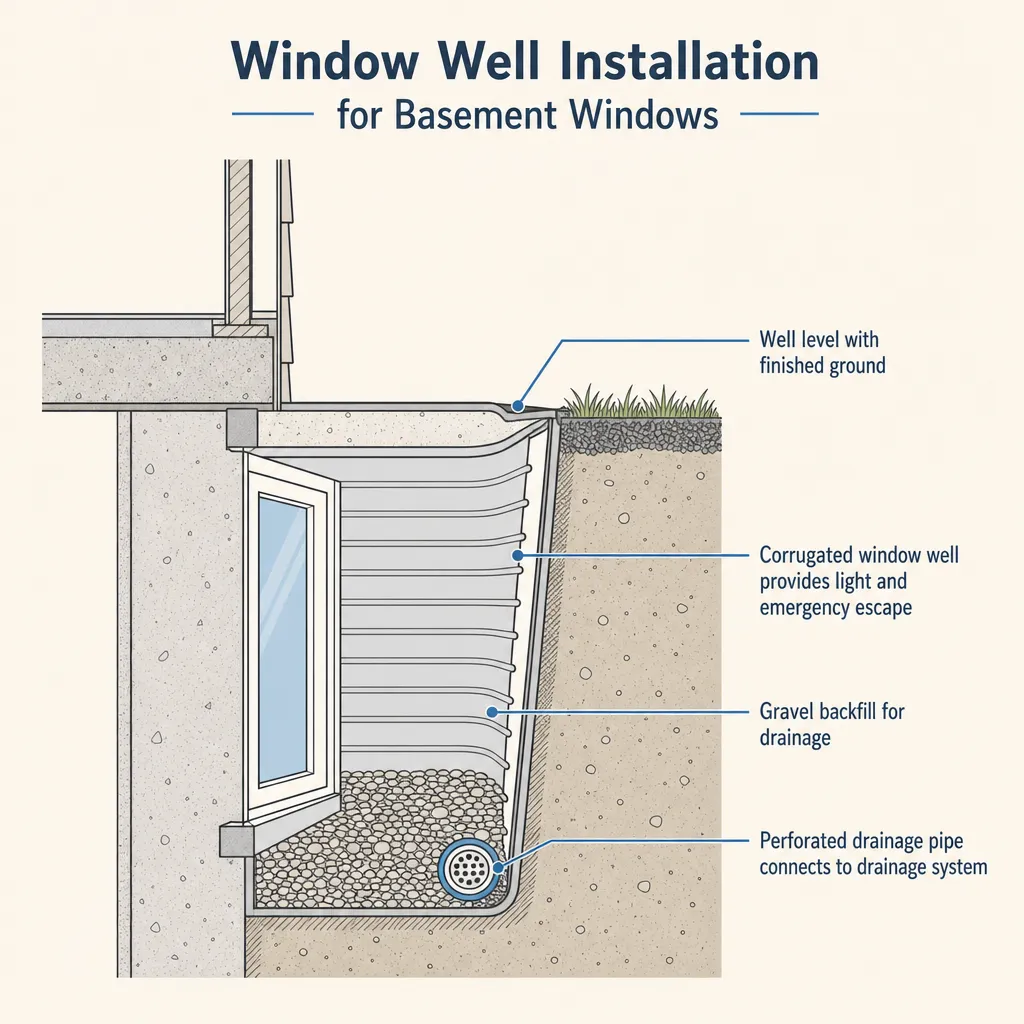 Diagram illustrating: Window Well Installation for Basement Windows
