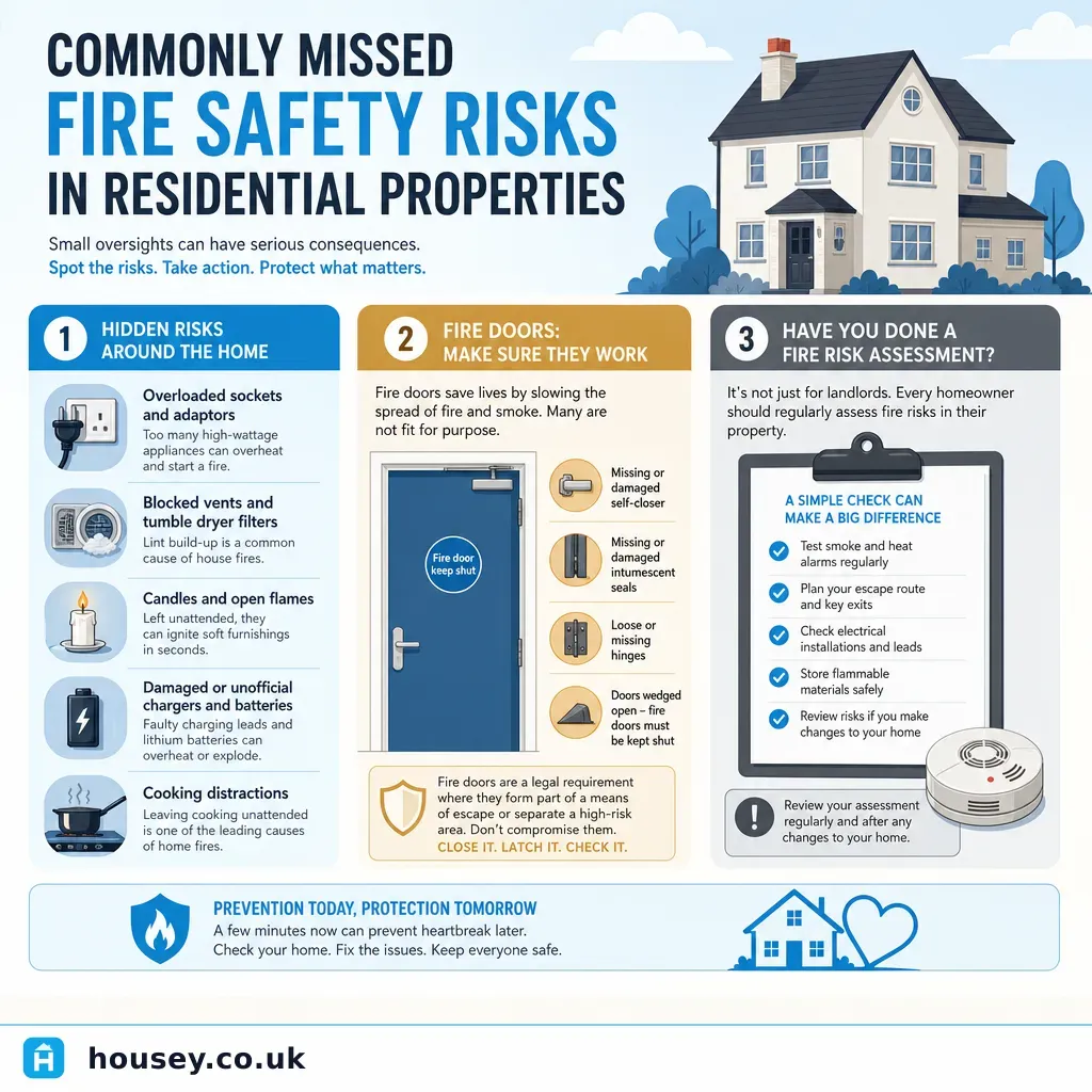 Infographic illustrating: Commonly Missed Fire Safety Risks in Residential Properties