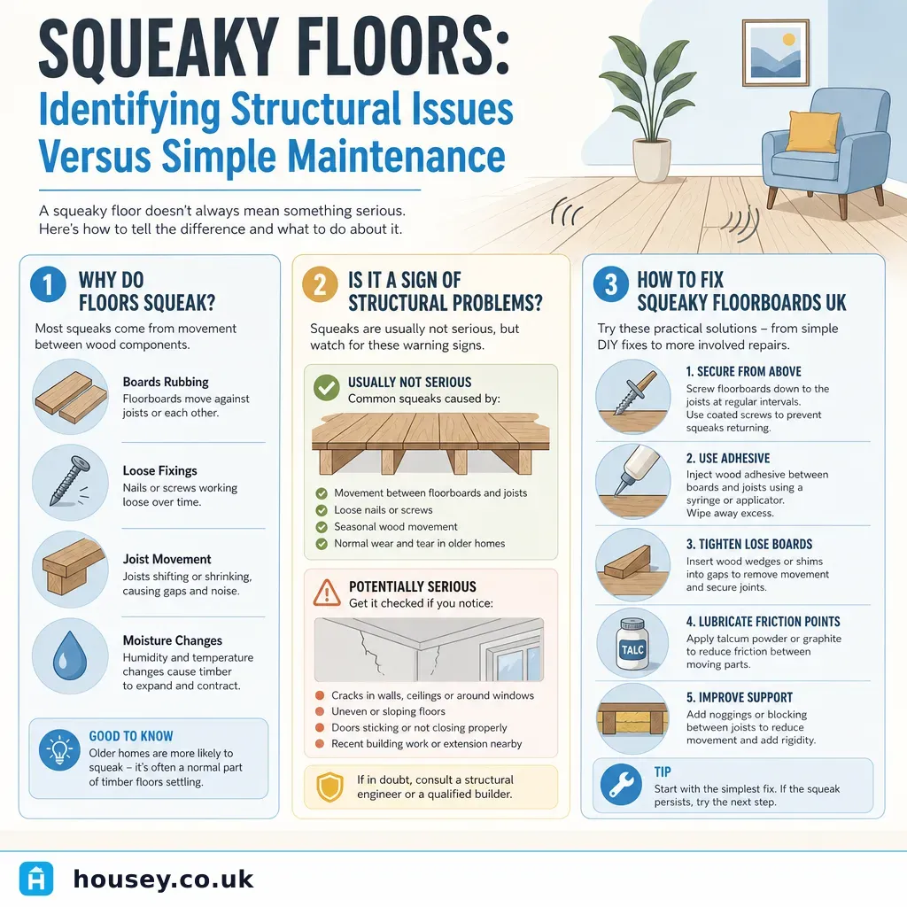 Infographic illustrating: Squeaky Floors: Identifying Structural Issues Versus Simple Maintenance