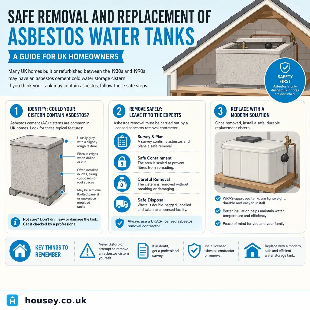 Infographic illustrating: Safe Removal and Replacement of Asbestos Water Tanks