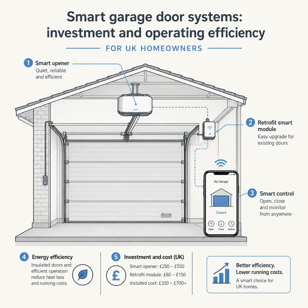 Diagram illustrating: Smart garage door systems: investment and operating efficiency