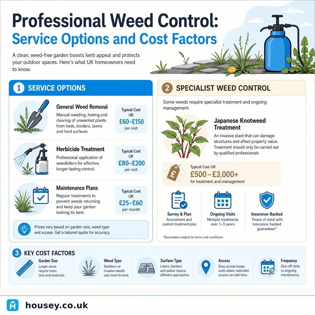 Infographic illustrating: Professional Weed Control: Service Options and Cost Factors