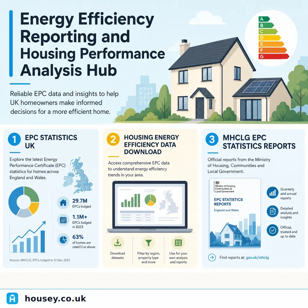 Infographic illustrating: Energy Efficiency Reporting and Housing Performance Analysis Hub