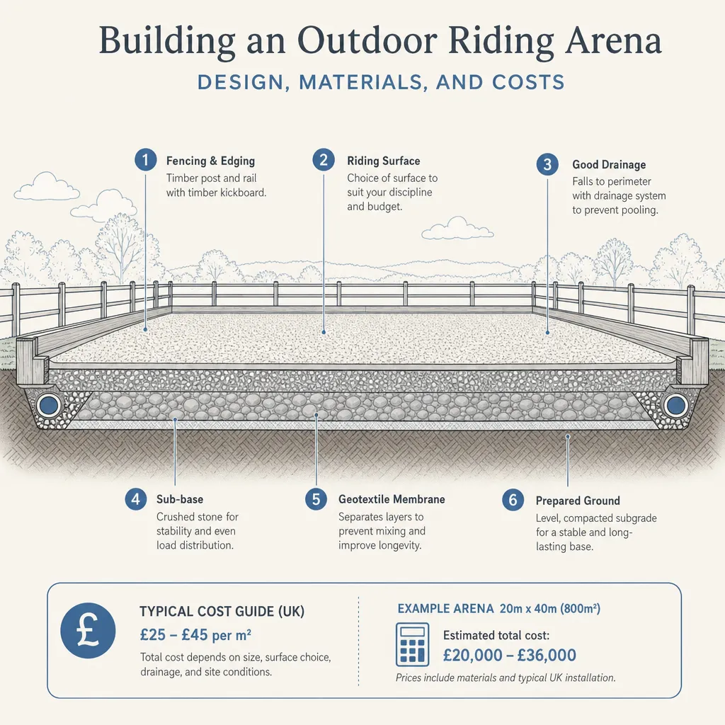 Diagram illustrating: Building an Outdoor Riding Arena: Design, Materials, and Costs