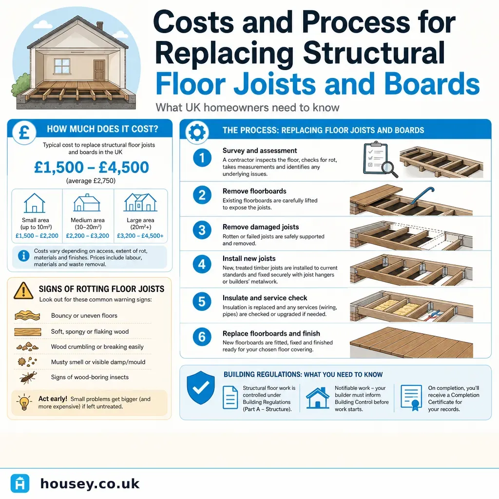 Infographic illustrating: Costs and Process for Replacing Structural Floor Joists and Boards