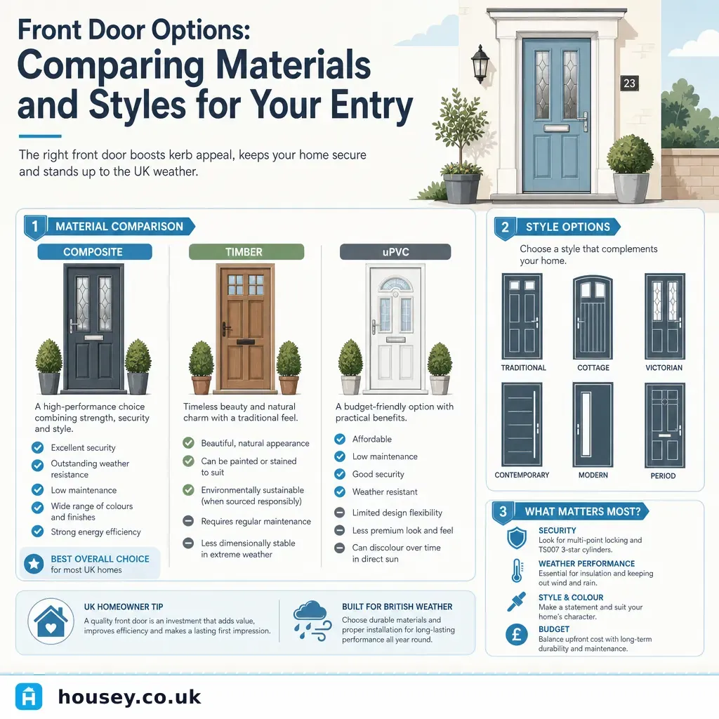 Infographic illustrating: Front Door Options: Comparing Materials and Styles for Your Entry