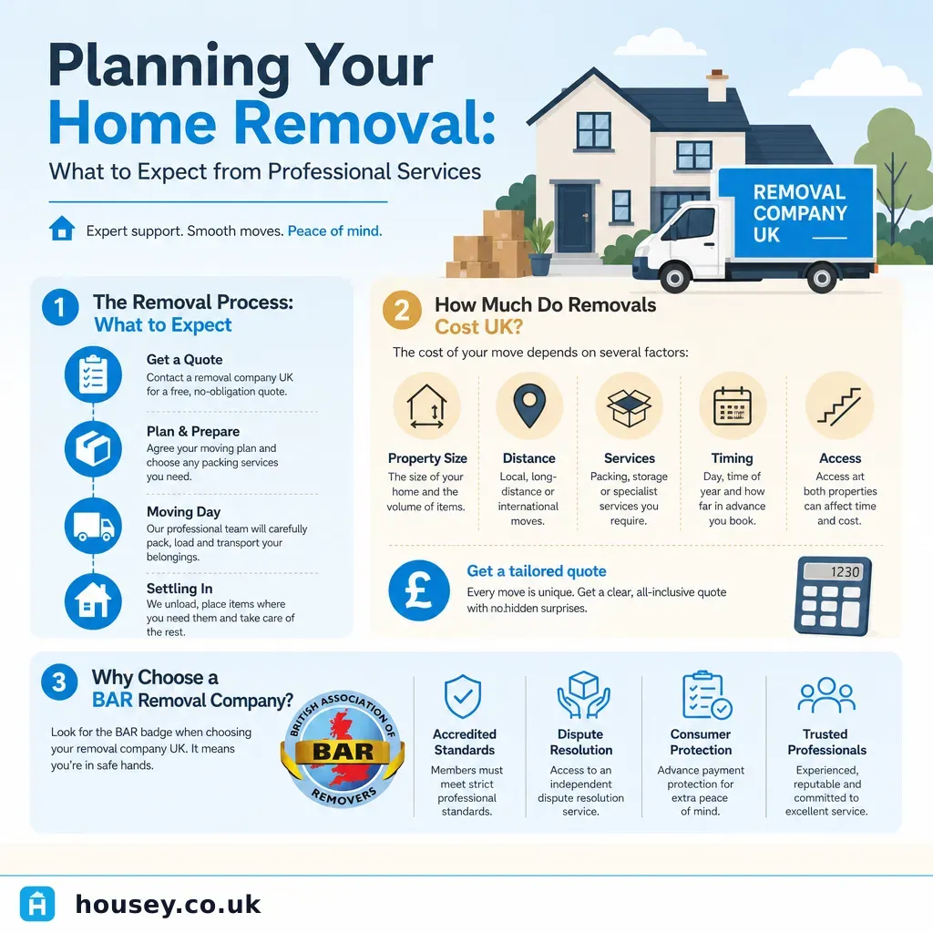 Infographic illustrating: Planning Your Home Removal: What to Expect from Professional Services