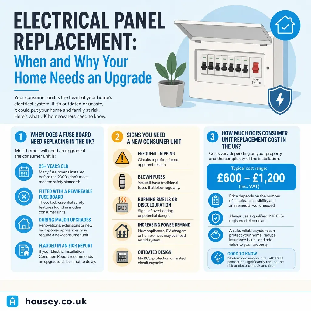 Infographic illustrating: Electrical Panel Replacement: When and Why Your Home Needs an Upgrade