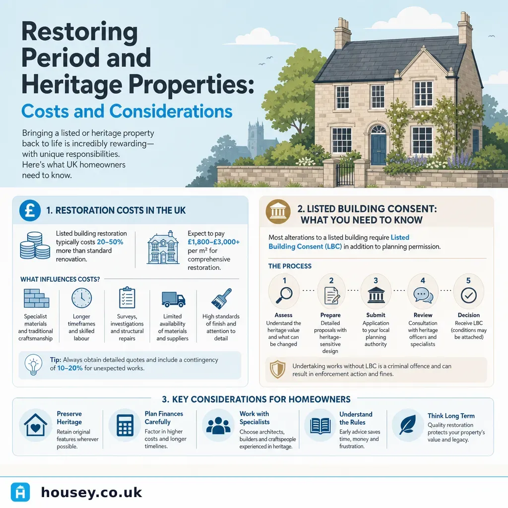 Infographic illustrating: Restoring Period and Heritage Properties: Costs and Considerations