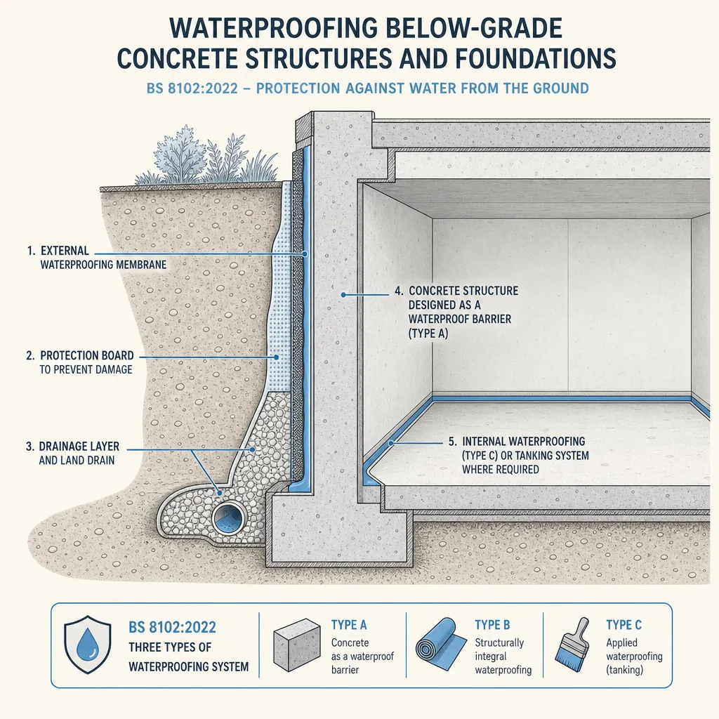 Diagram illustrating: Waterproofing Below-Grade Concrete Structures and Foundations