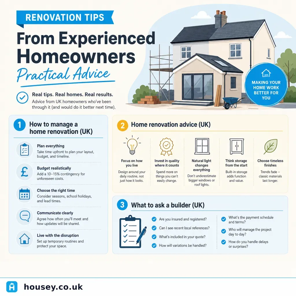 Infographic illustrating: Renovation Tips From Experienced Homeowners: Practical Advice