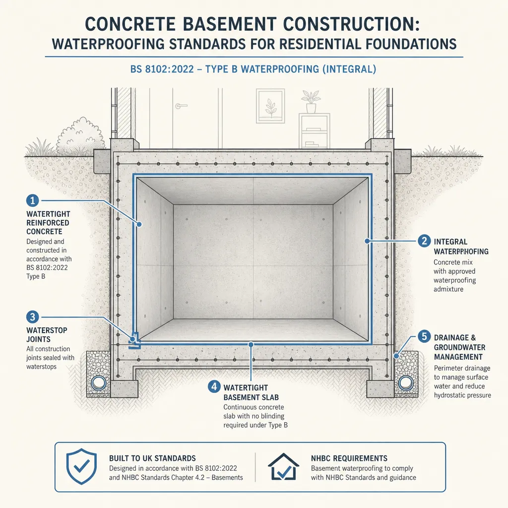 Diagram illustrating: Concrete Basement Construction: Waterproofing Standards for Residential Foundations