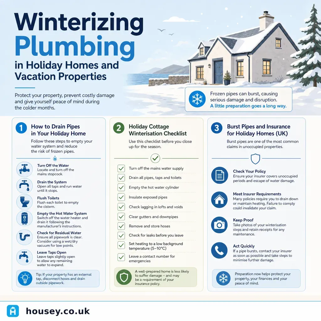 Infographic illustrating: Winterizing Plumbing in Holiday Homes and Vacation Properties