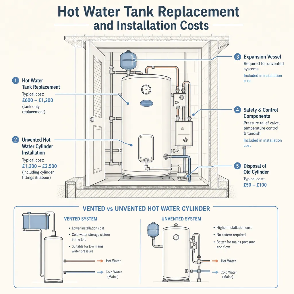 Diagram illustrating: Hot Water Tank Replacement and Installation Costs