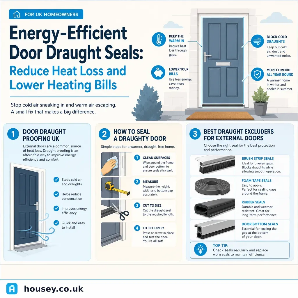 Infographic illustrating: Energy-Efficient Door Draught Seals: Reduce Heat Loss and Lower Heating Bills