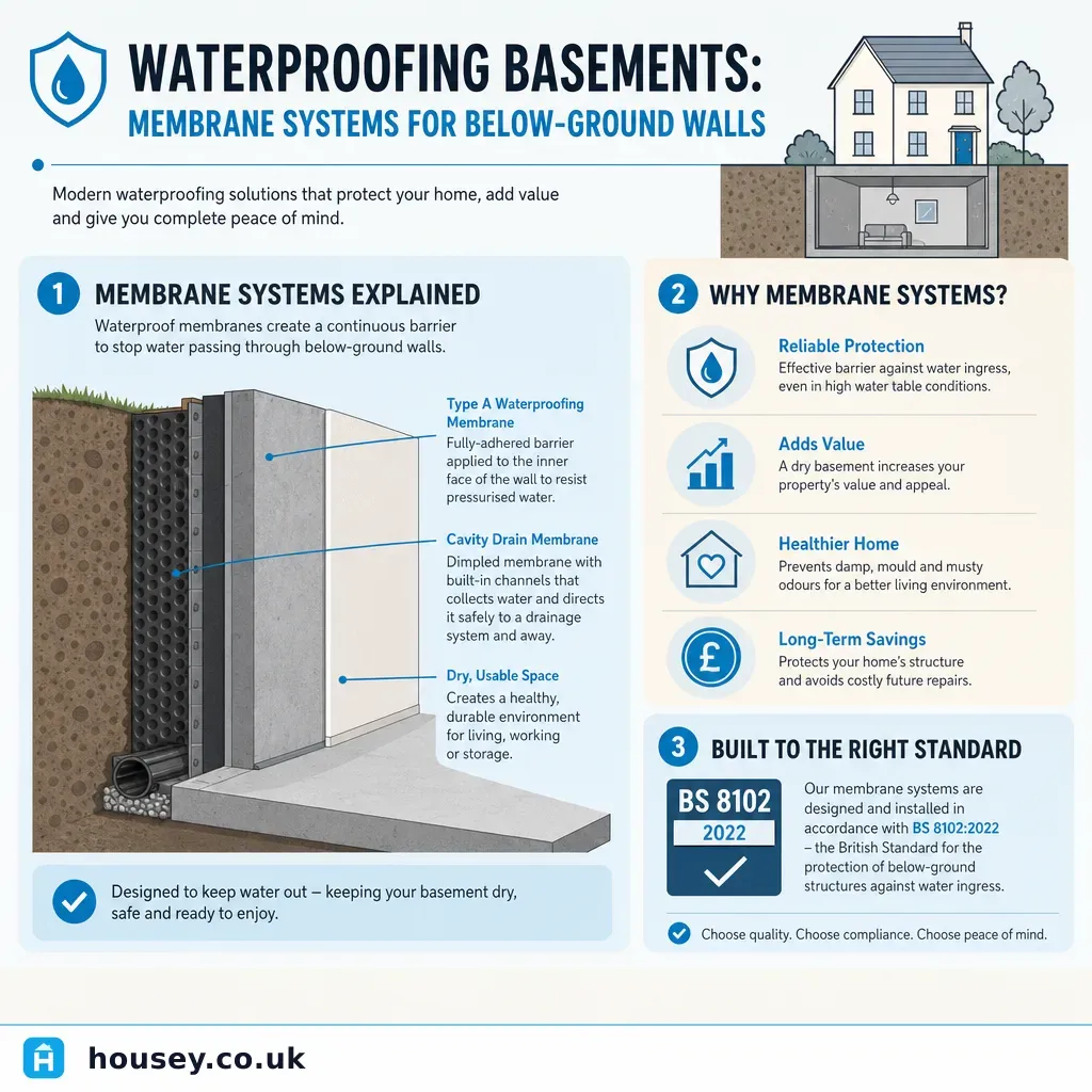 Infographic illustrating: Waterproofing Basements: Membrane Systems for Below-Ground Walls