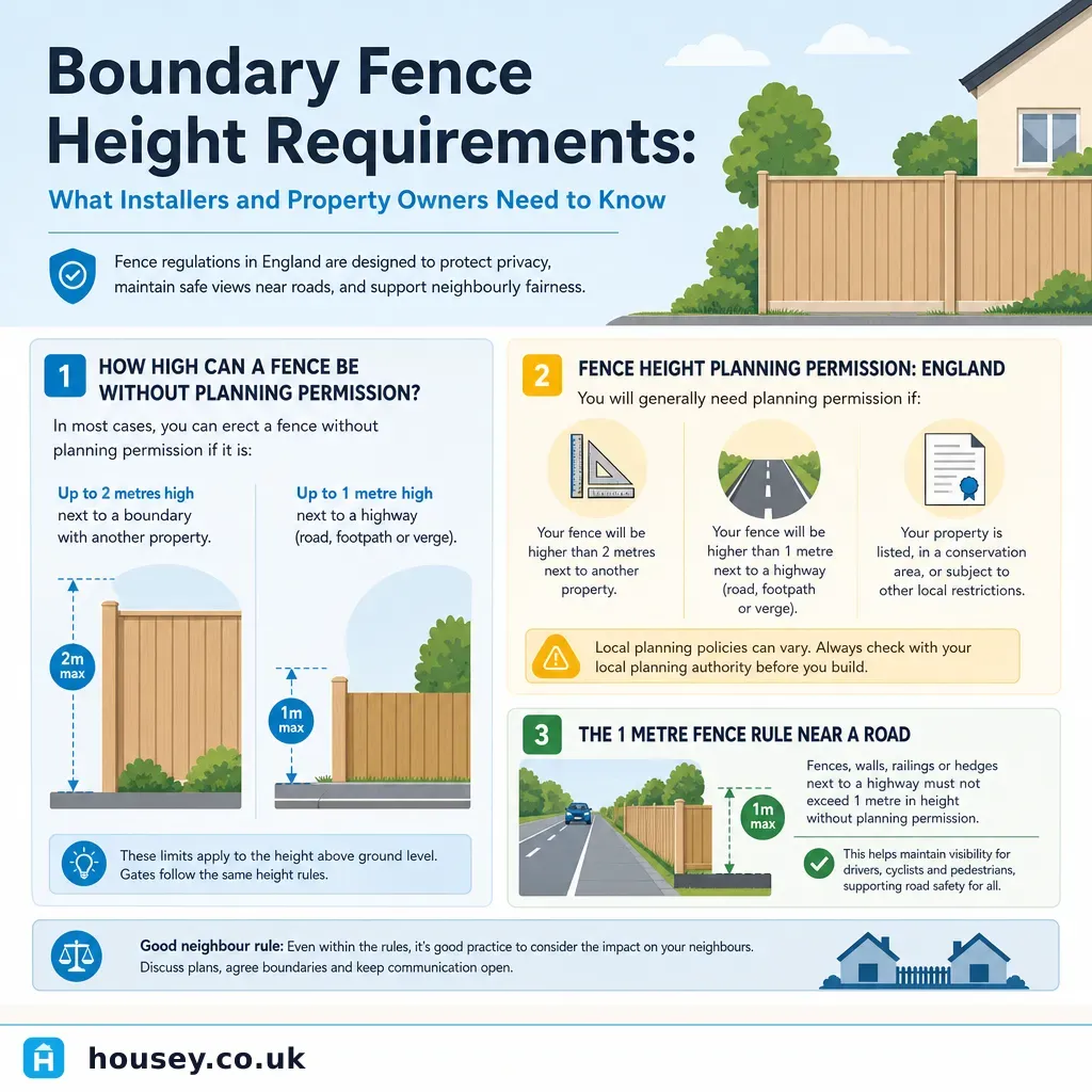 Infographic illustrating: Boundary Fence Height Requirements: What Installers and Property Owners Need to Know