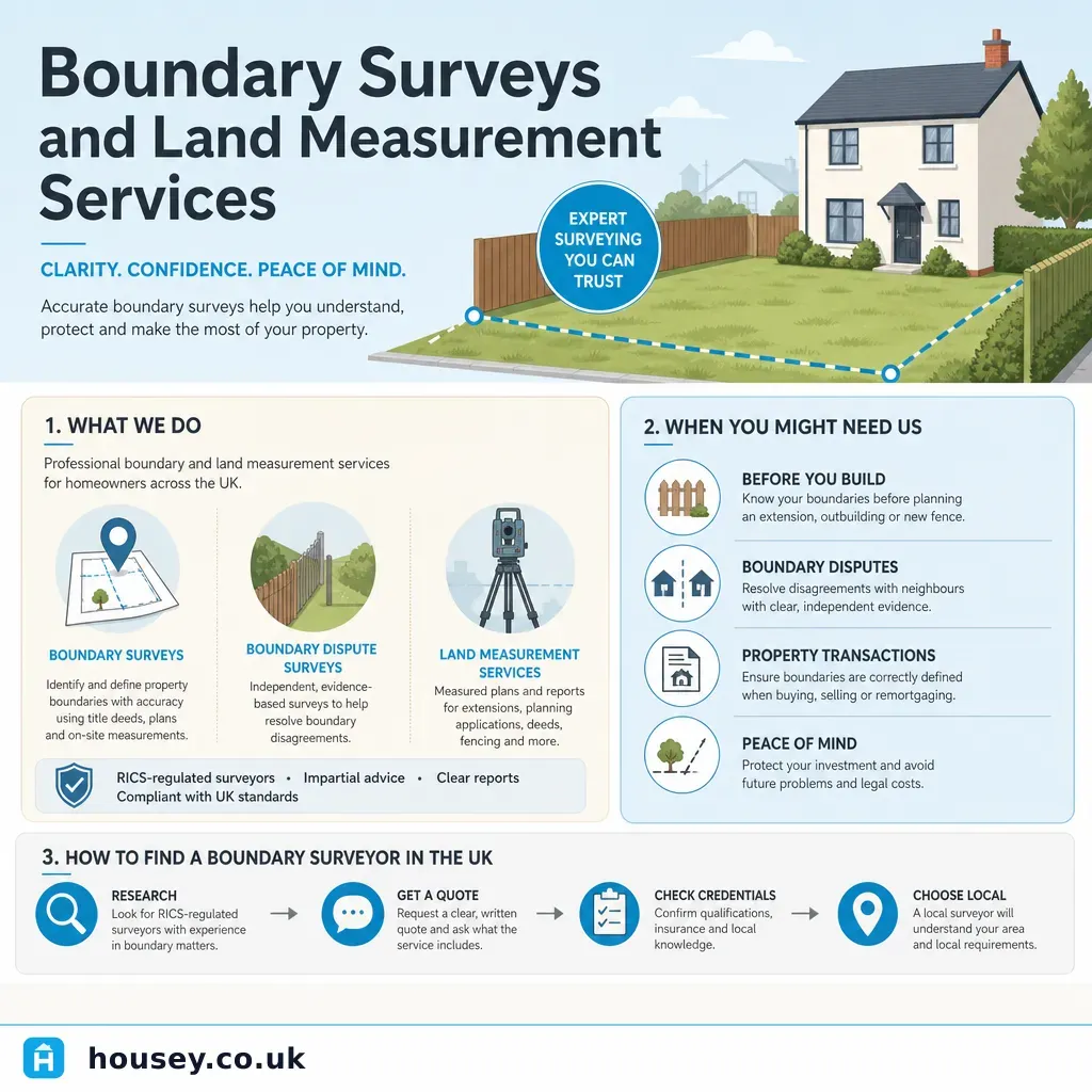 Infographic illustrating: Boundary Surveys and Land Measurement Services
