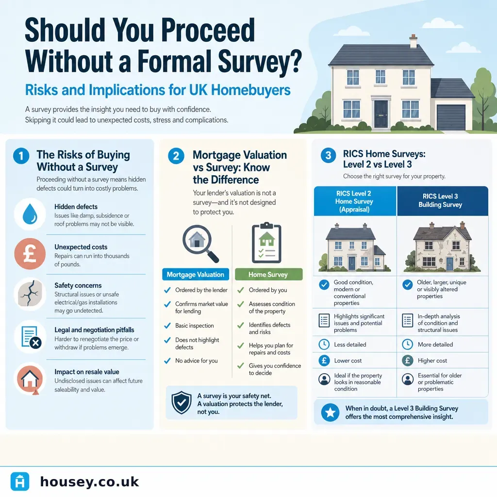 Infographic illustrating: Should You Proceed Without a Formal Survey? Risks and Implications