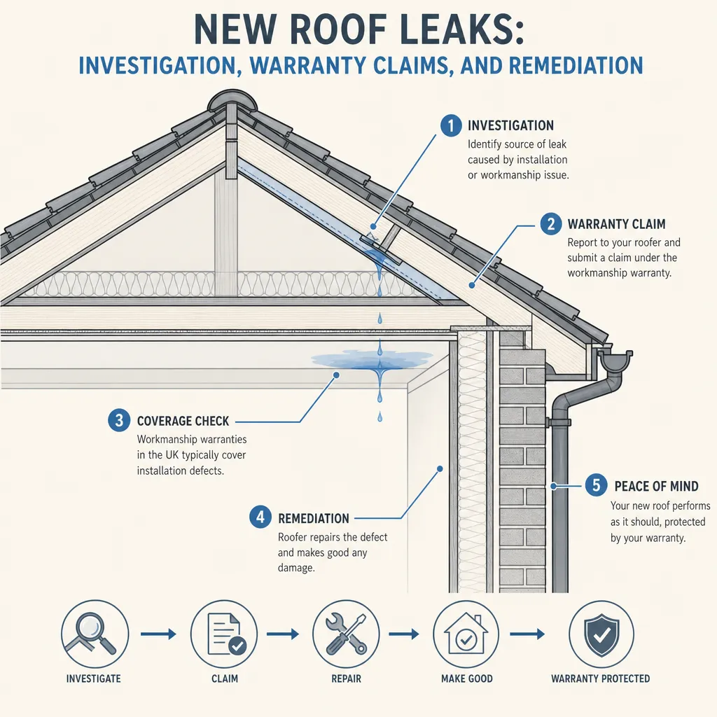 Diagram illustrating: New Roof Leaks: Investigation, Warranty Claims, and Remediation
